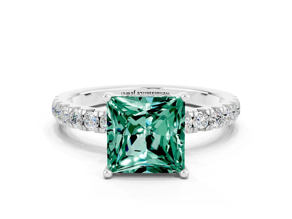 Silver Princess Cut Green Sapphire Pave Band Solitaire Ring with Round  and Prong Setting