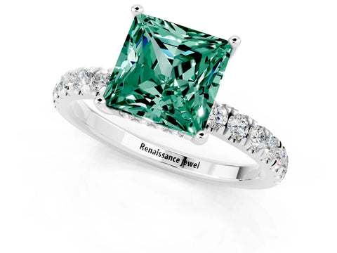 White gold Princess Cut Green Sapphire Pave Band Solitaire Ring with Four-Prong Setting_25
