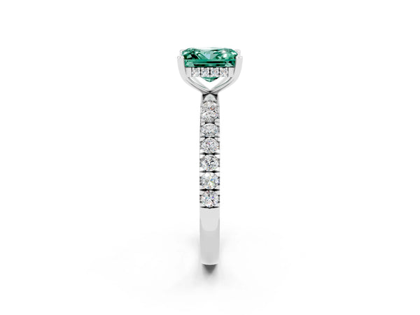 Platinum Princess Cut Green Sapphire Pave Band Solitaire Ring with Round  and Prong Setting