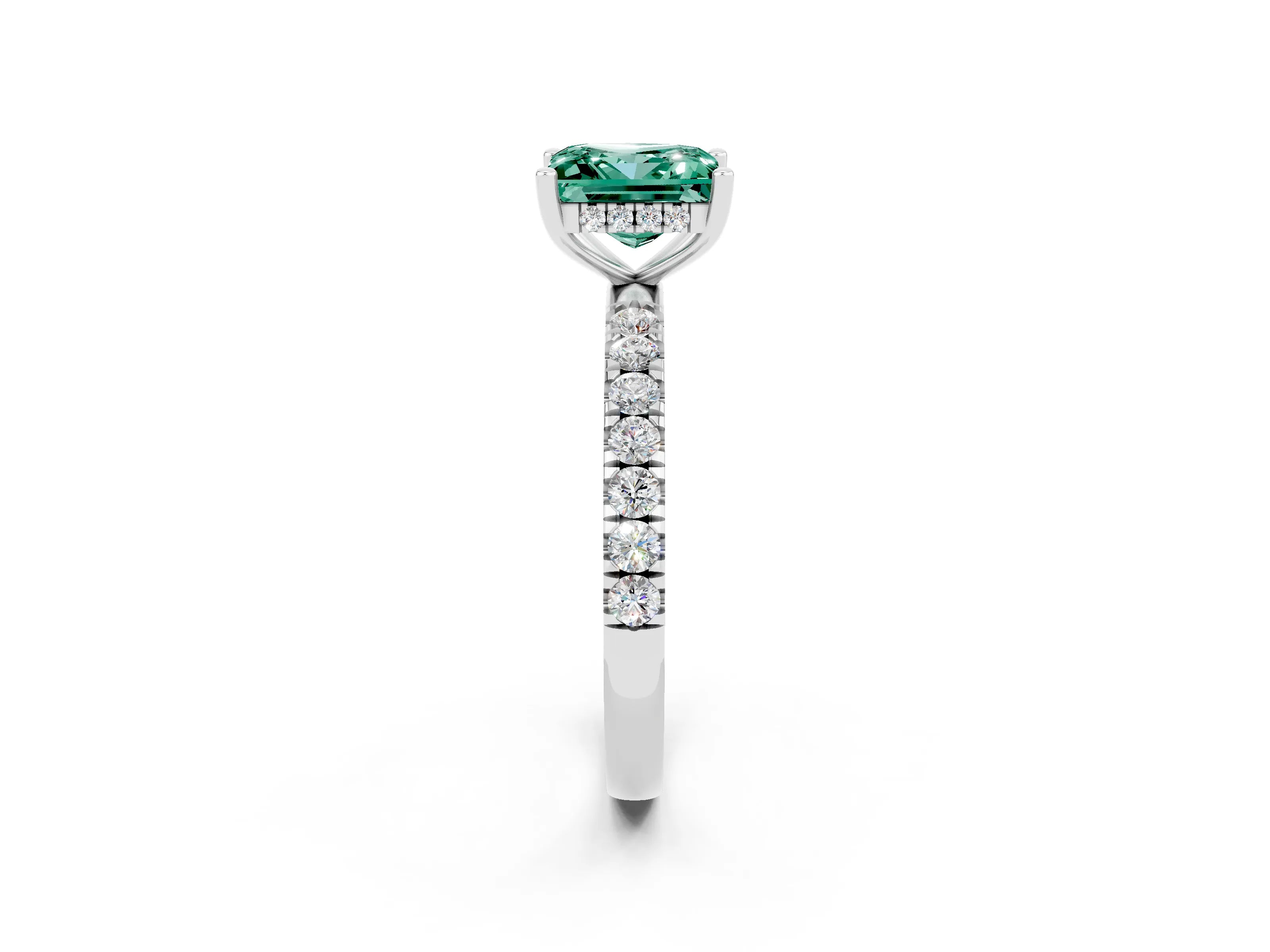 White gold Princess Cut Green Sapphire Pave Band Solitaire Ring with Four-Prong Setting_26