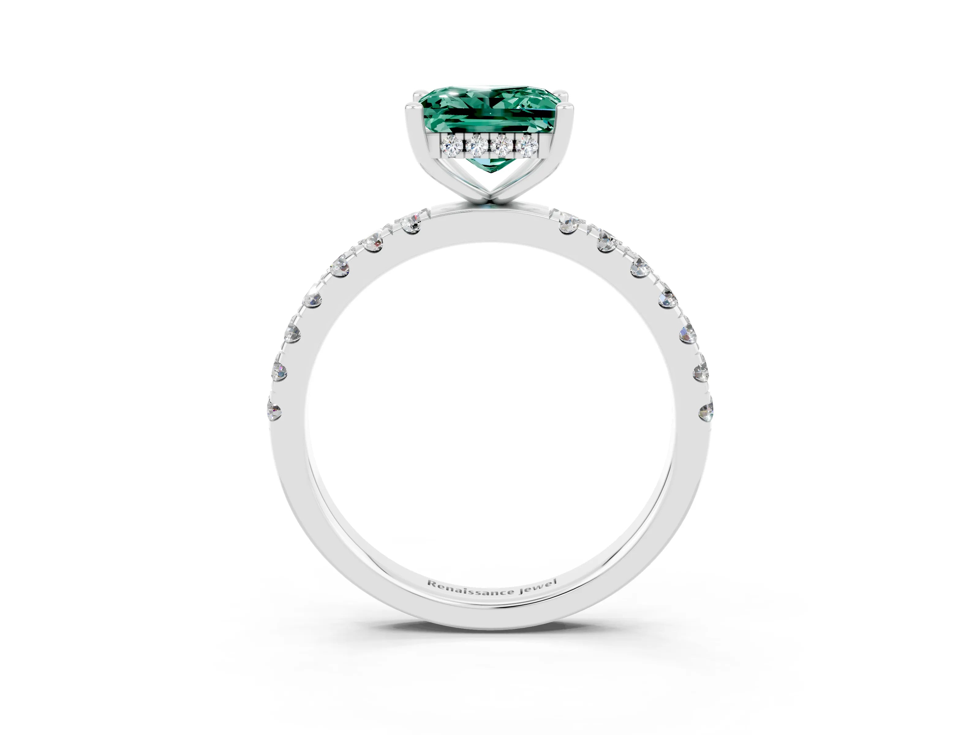 White gold Princess Cut Green Sapphire Pave Band Solitaire Ring with Four-Prong Setting_27