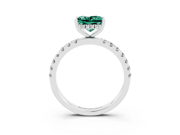 Silver Princess Cut Green Sapphire Pave Band Solitaire Ring with Round  and Prong Setting