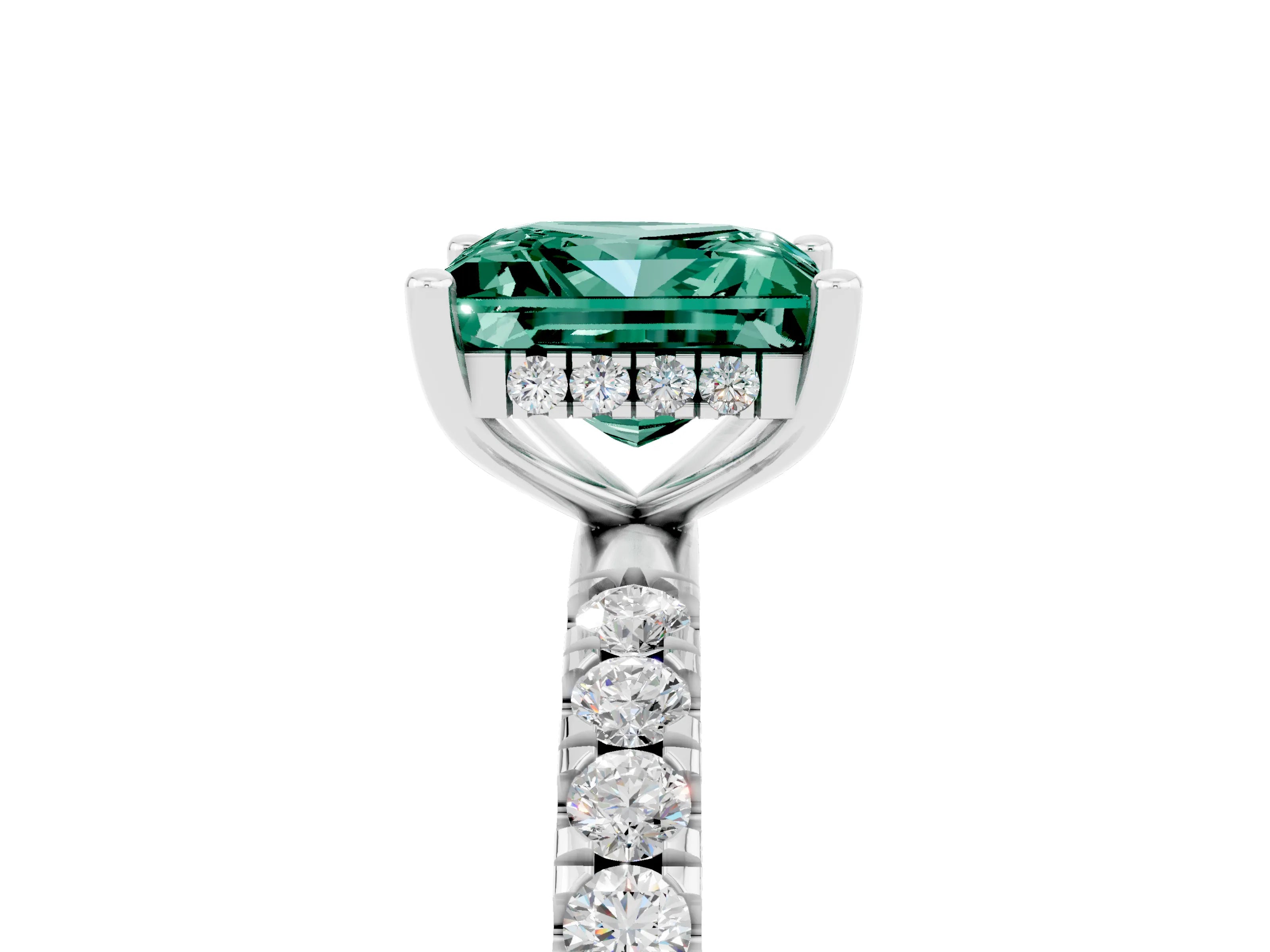 White gold Princess Cut Green Sapphire Pave Band Solitaire Ring with Four-Prong Setting_29