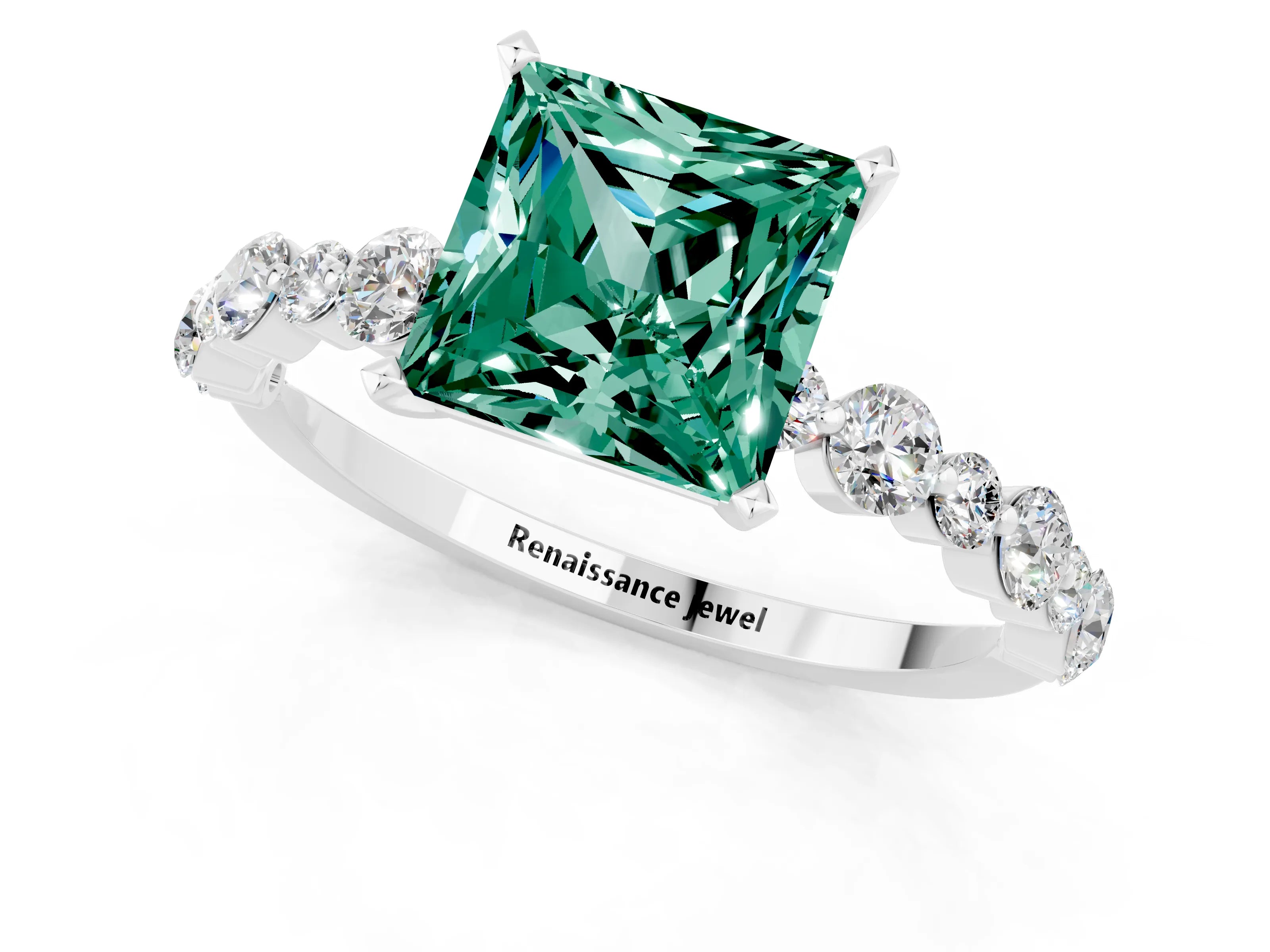 White gold Princess Cut Green Sapphire Prong Set Engagement Ring with Pavé Band_1
