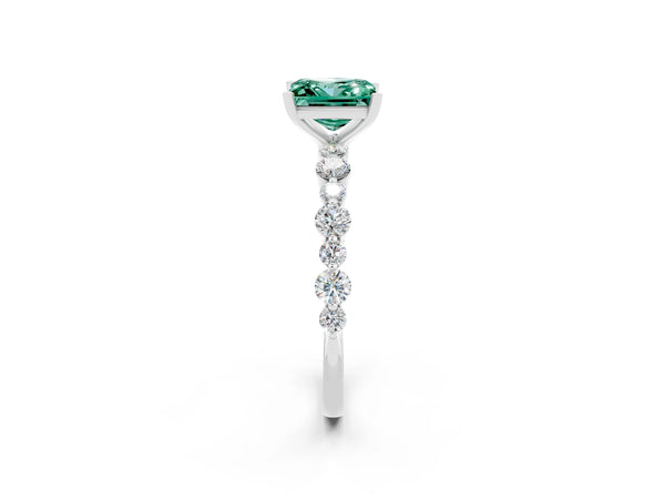 Platinum Princess Cut Green Sapphire Prong Set Engagement Ring with Pavé Band
