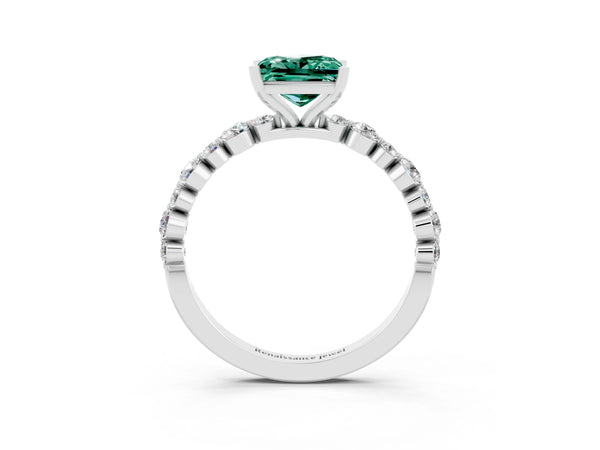 White gold Princess Cut Green Sapphire Prong Set Engagement Ring with Pavé Band