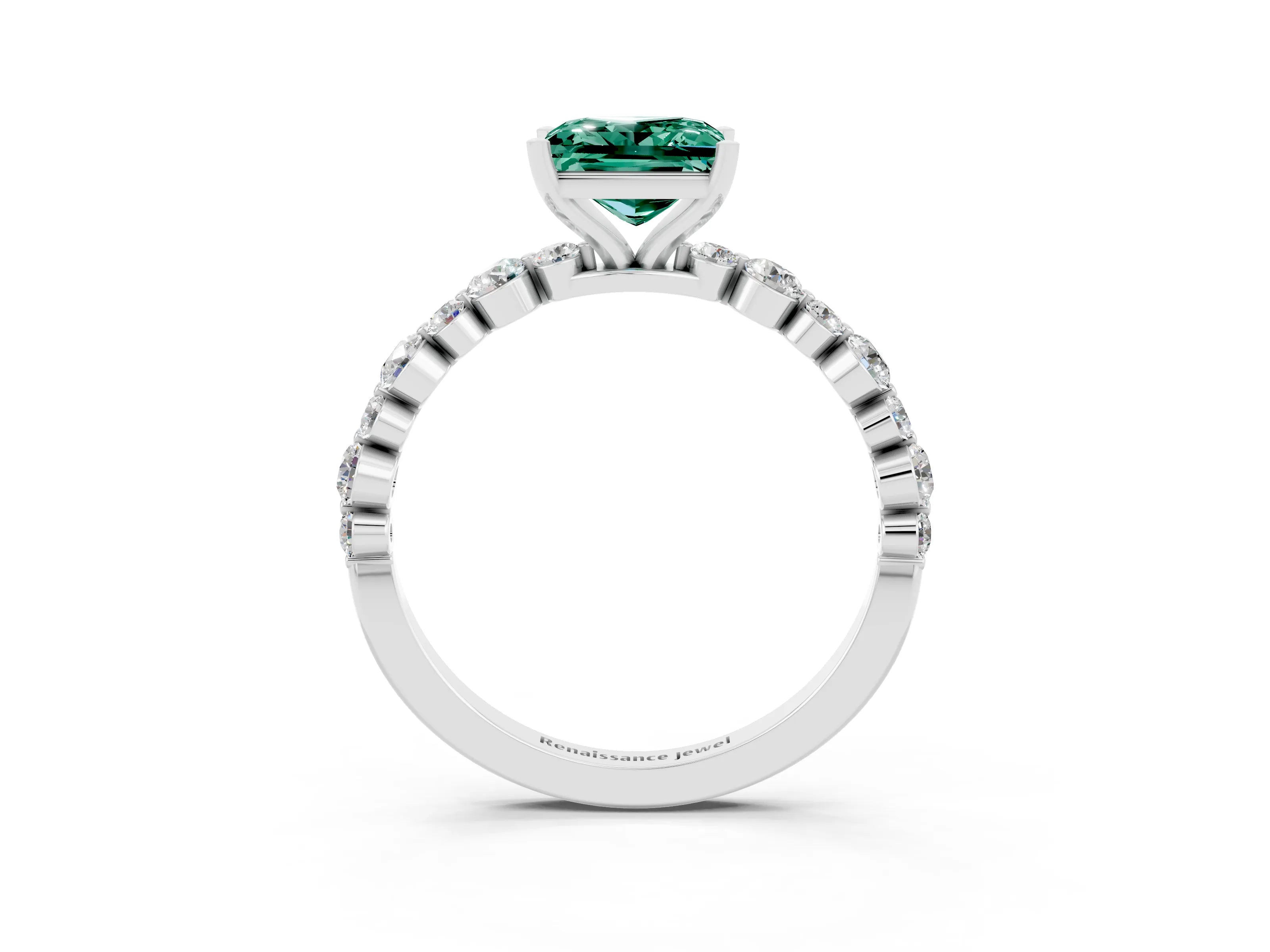 White gold Princess Cut Green Sapphire Prong Set Engagement Ring with Pavé Band_3