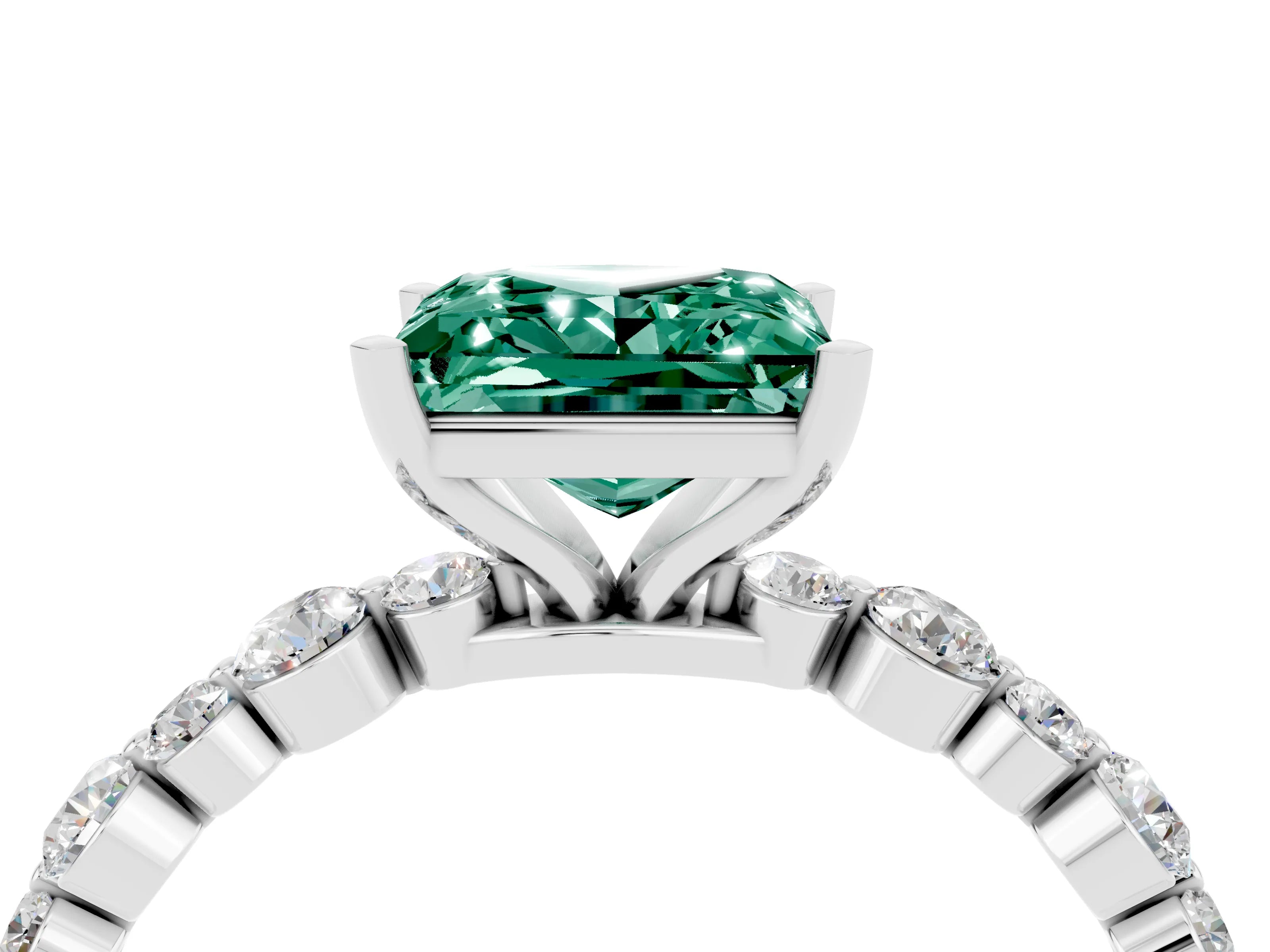 White gold Princess Cut Green Sapphire Prong Set Engagement Ring with Pavé Band_4