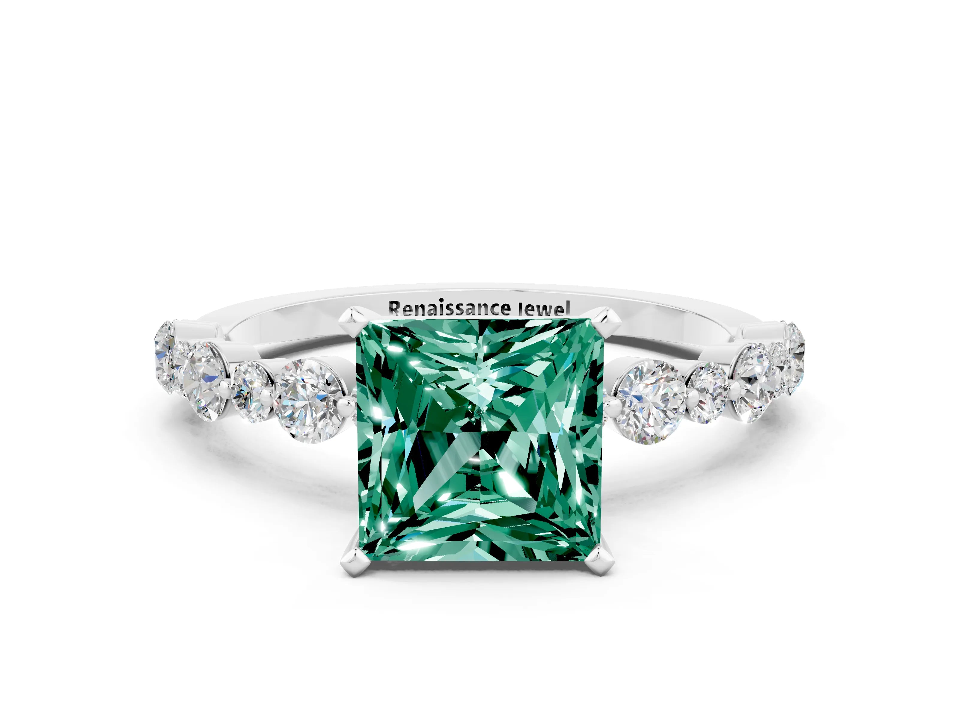 White gold Princess Cut Green Sapphire Prong Set Engagement Ring with Pavé Band