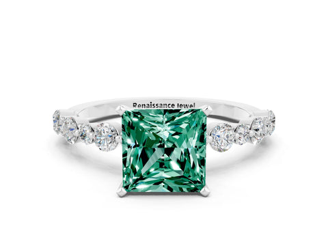 White gold Princess Cut Green Sapphire Prong Set Engagement Ring with Pavé Band