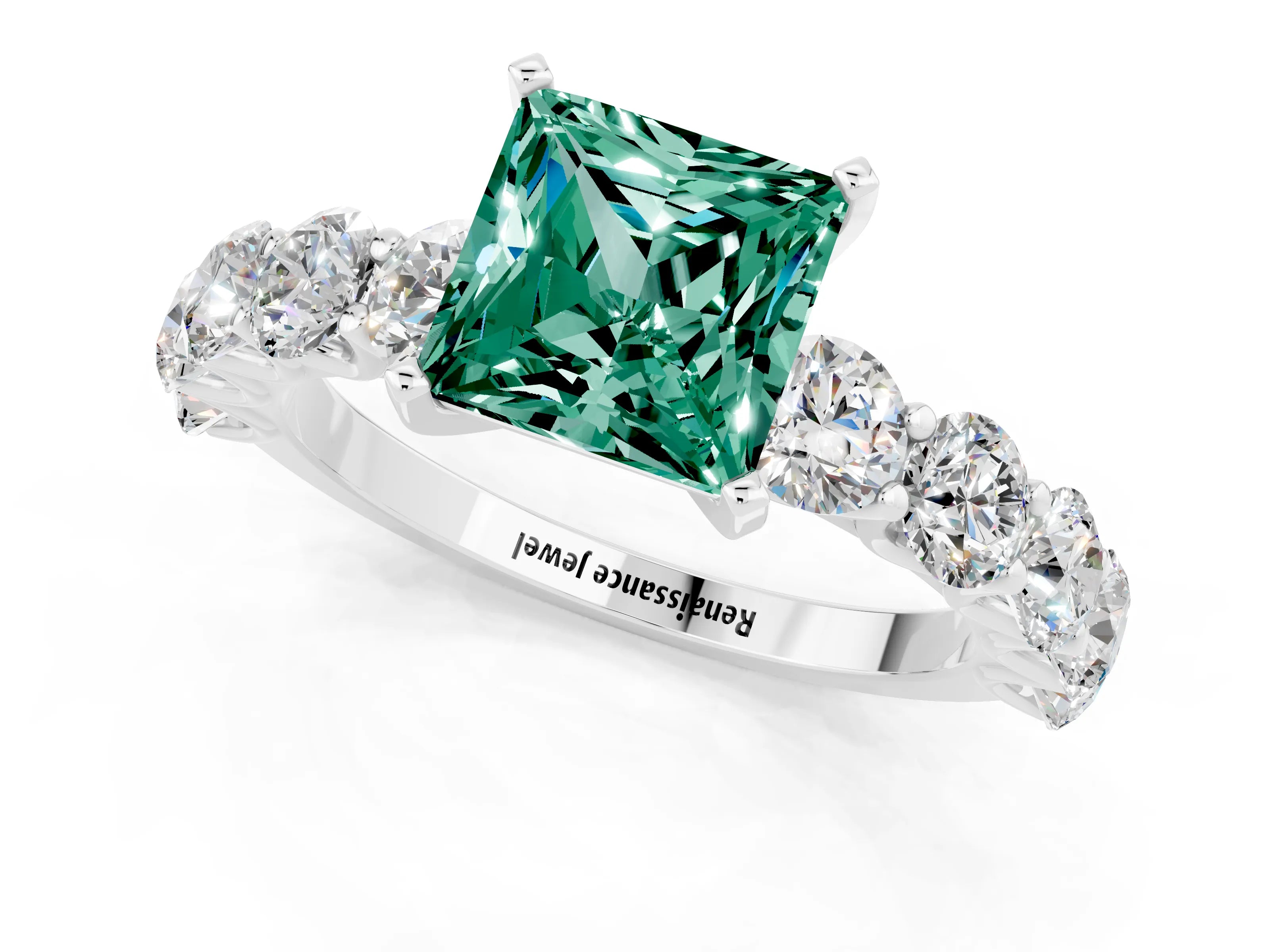 White gold Princess Cut Green Sapphire Prong Setting with Side Stones on a Pave Band_1