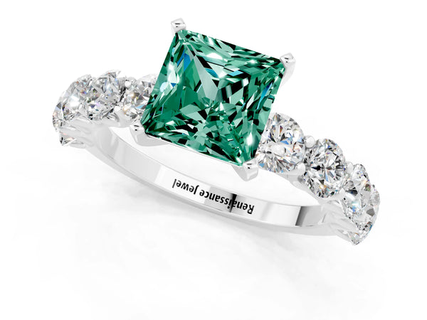 White gold Princess Cut Green Sapphire Prong Setting with Side Stones on a Pave Band