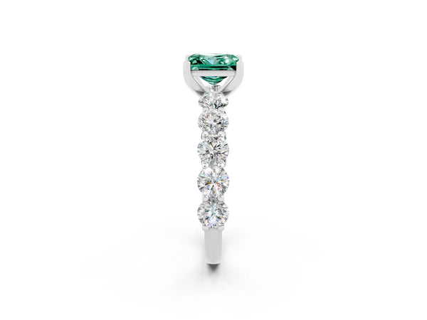 Platinum Princess Cut Green Sapphire Prong Setting with Side Stones on a Pave Band