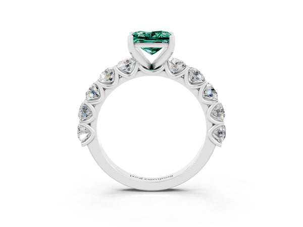 Platinum Princess Cut Green Sapphire Prong Setting with Side Stones on a Pave Band