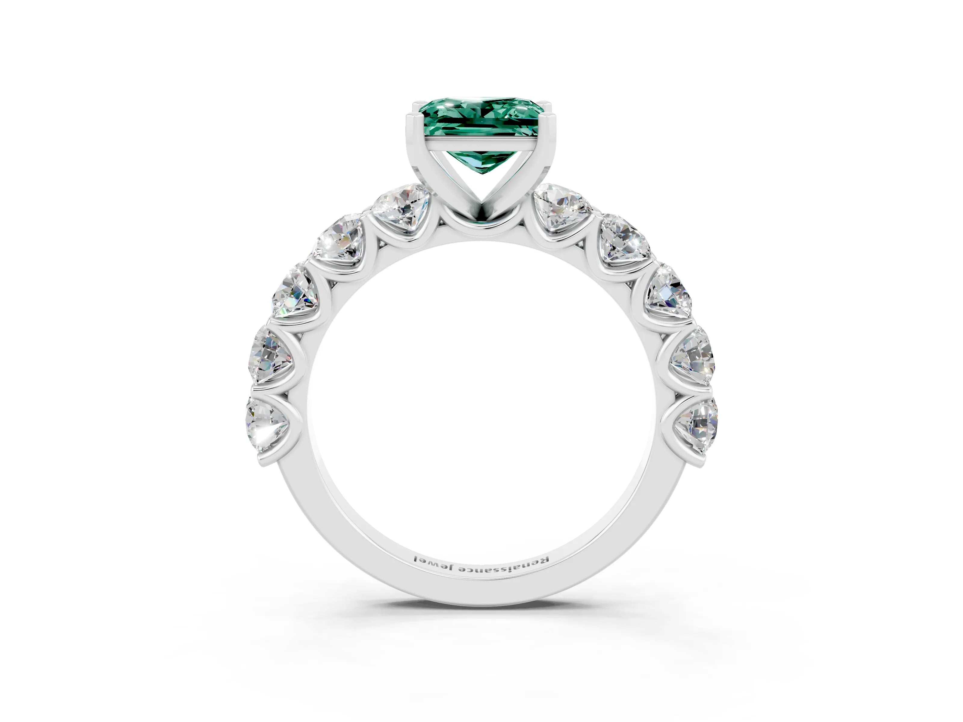White gold Princess Cut Green Sapphire Prong Setting with Side Stones on a Pave Band_3