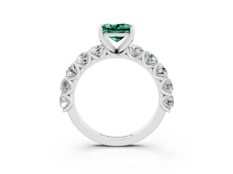 White gold Princess Cut Green Sapphire Prong Setting with Side Stones on a Pave Band_3