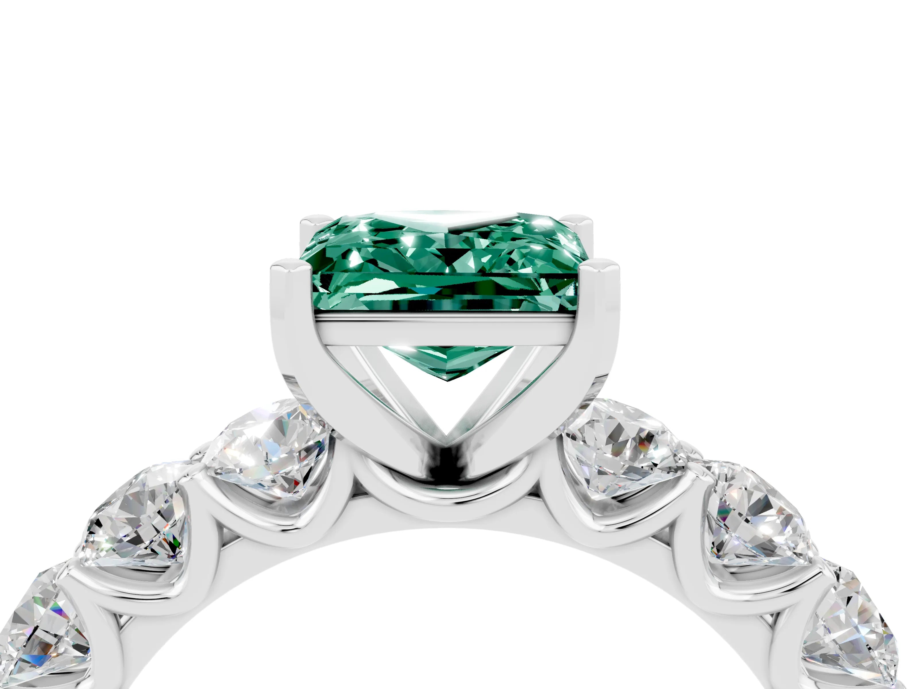 White gold Princess Cut Green Sapphire Prong Setting with Side Stones on a Pave Band_4