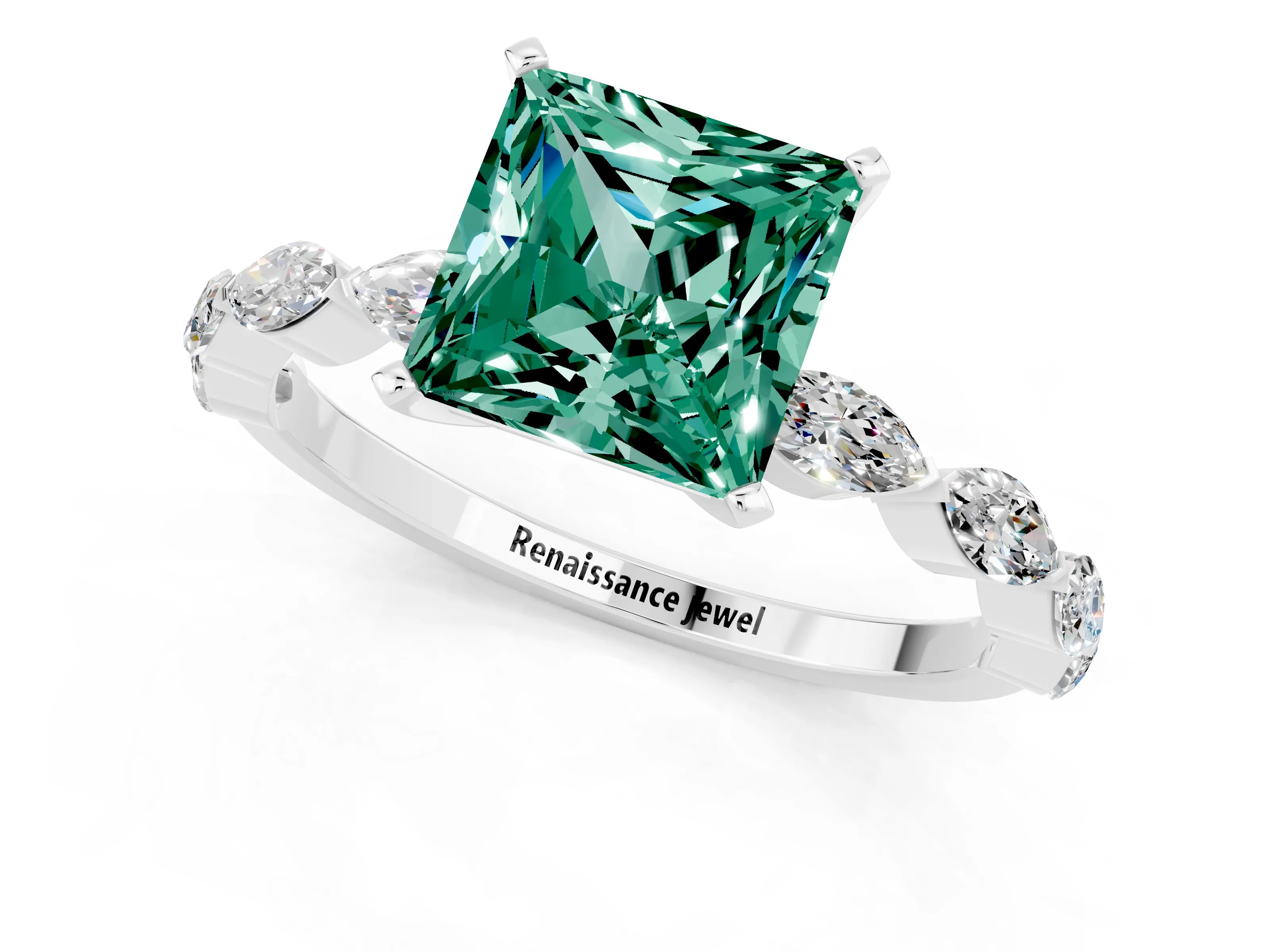White gold Princess Cut Green Sapphire Ring with Marquise Side Stones and Prong Setting_1