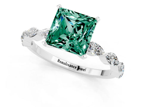 White gold Princess Cut Green Sapphire Ring with Marquise Side Stones and Prong Setting_1