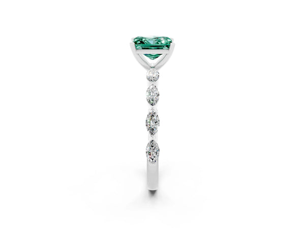 Platinum Princess Cut Green Sapphire Ring with Marquise Side Stones and Prong Setting