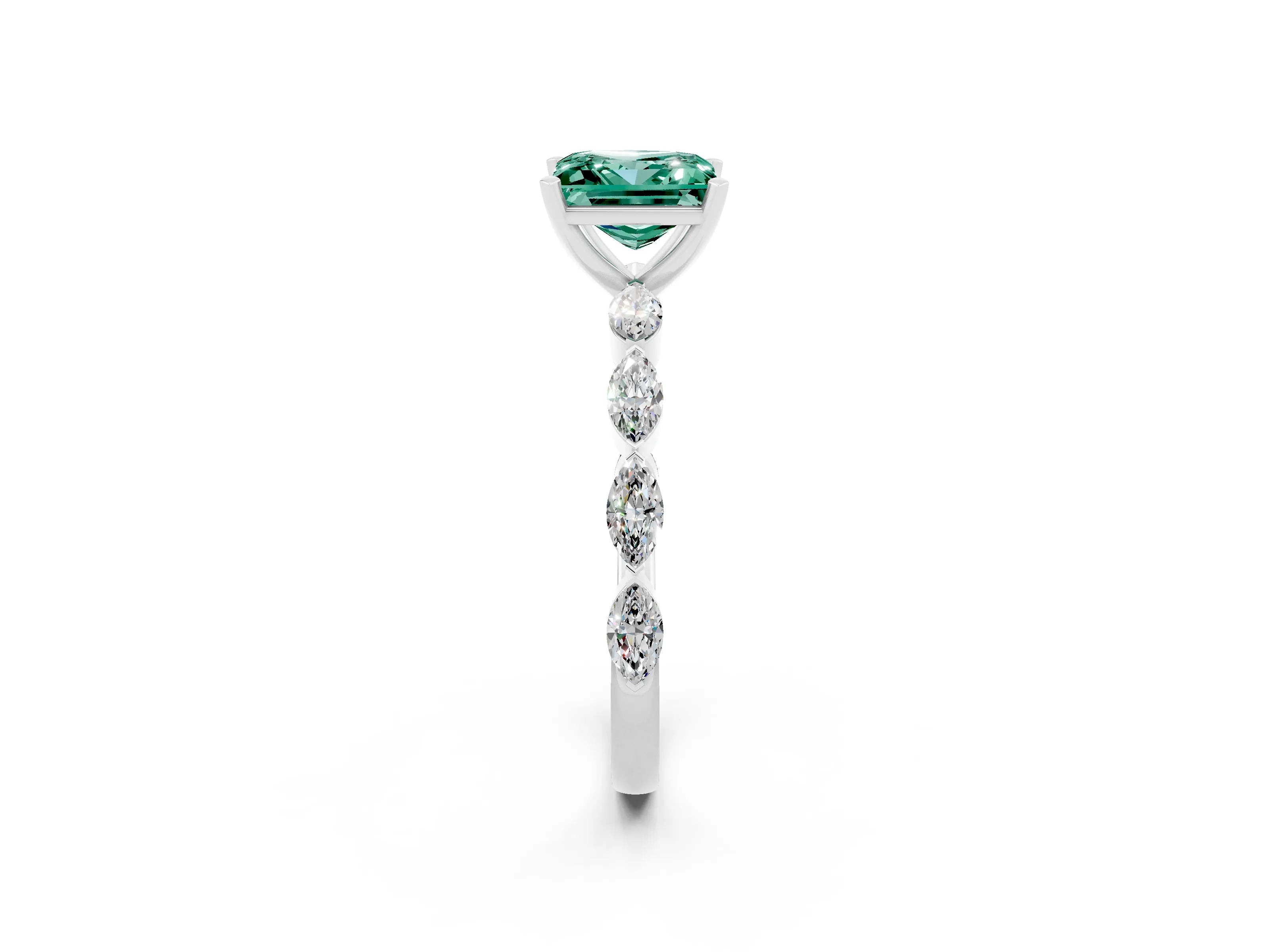 White gold Princess Cut Green Sapphire Ring with Marquise Side Stones and Prong Setting_2