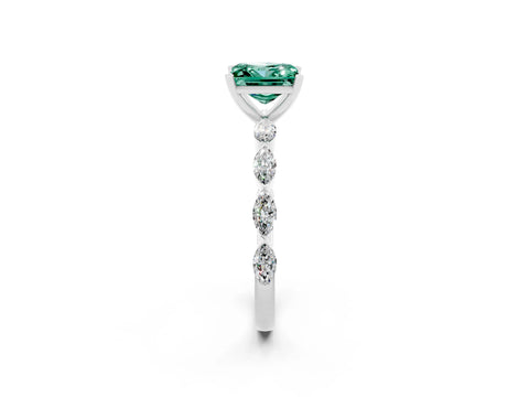 White gold Princess Cut Green Sapphire Ring with Marquise Side Stones and Prong Setting_2
