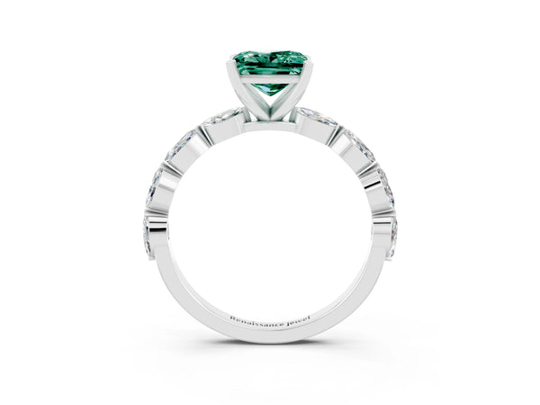 Silver Princess Cut Green Sapphire Ring with Marquise Side Stones and Prong Setting
