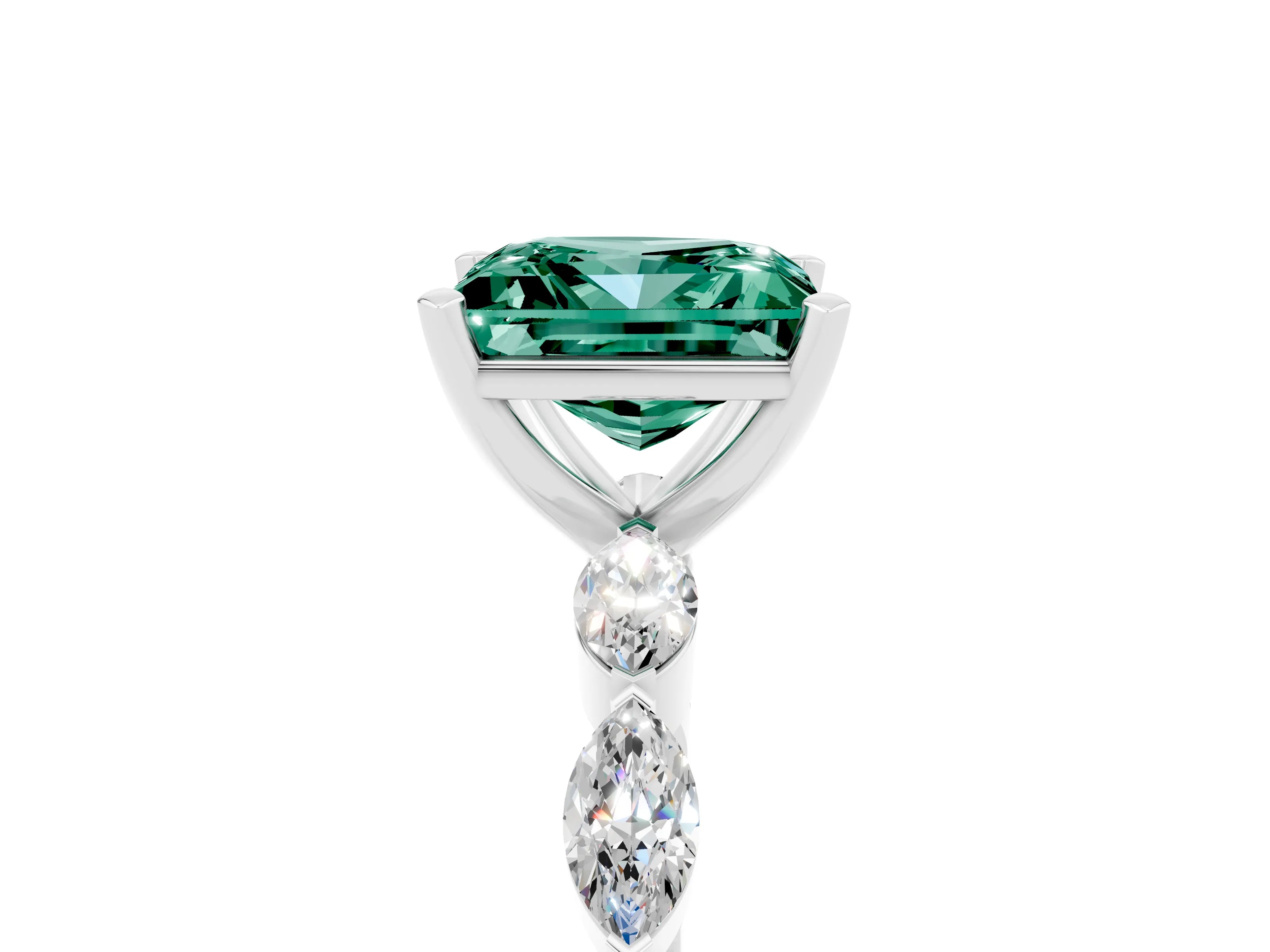 White gold Princess Cut Green Sapphire Ring with Marquise Side Stones and Prong Setting_5