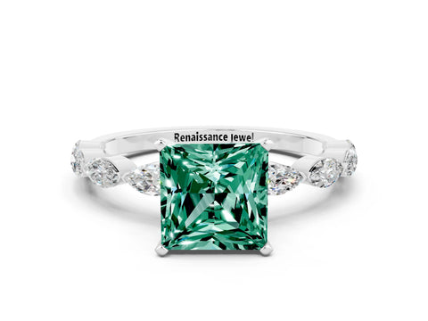 White gold Princess Cut Green Sapphire Ring with Marquise Side Stones and Prong Setting