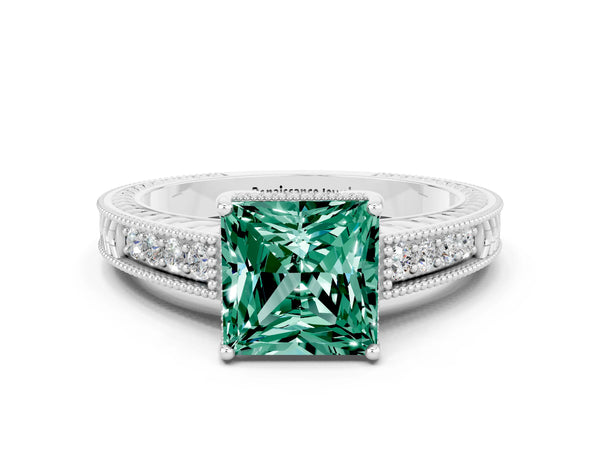 Platinum Princess Cut Green Sapphire Ring with Milgrain Pavé Band and Four-Prong Setting