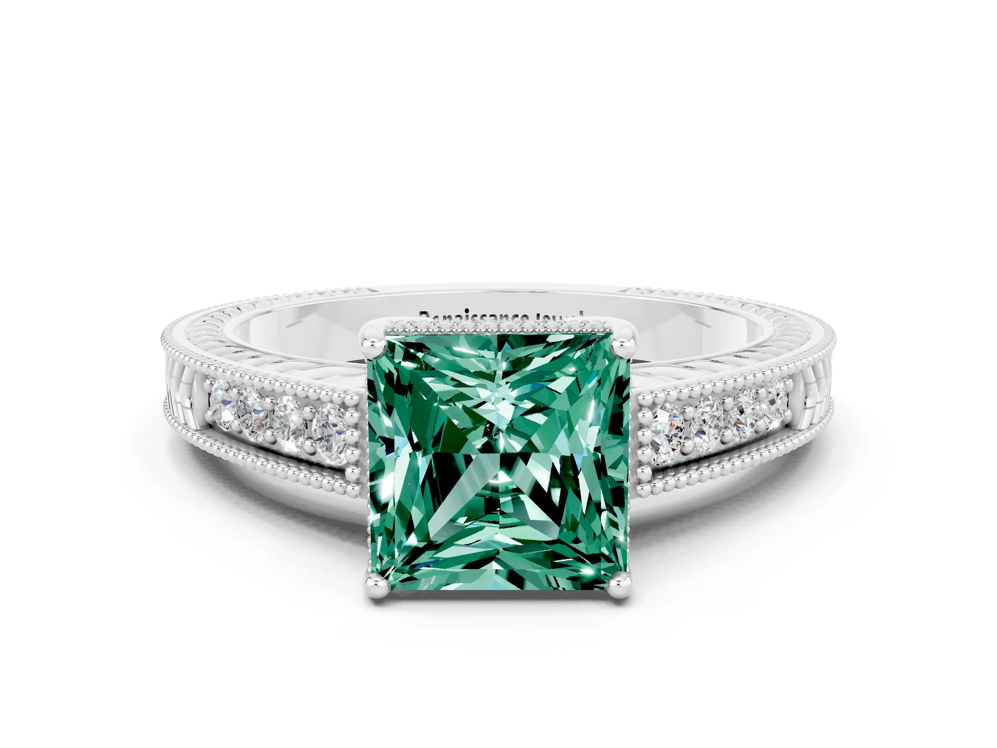 White gold Princess Cut Green Sapphire Ring with Milgrain Pavé Band and Four-Prong Setting_12