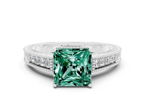 White gold Princess Cut Green Sapphire Ring with Milgrain Pavé Band and Four-Prong Setting_12