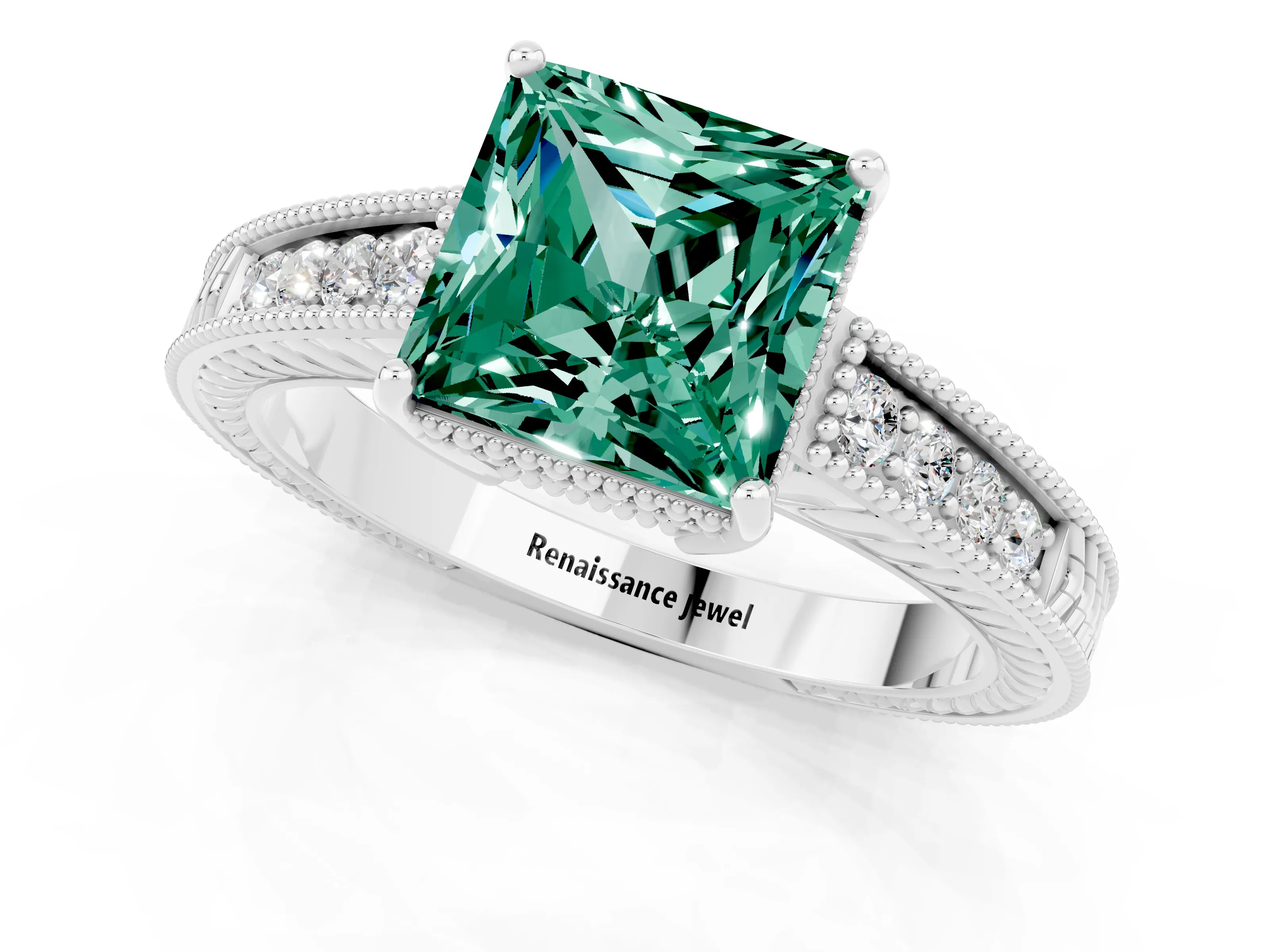 White gold Princess Cut Green Sapphire Ring with Milgrain Pavé Band and Four-Prong Setting_13