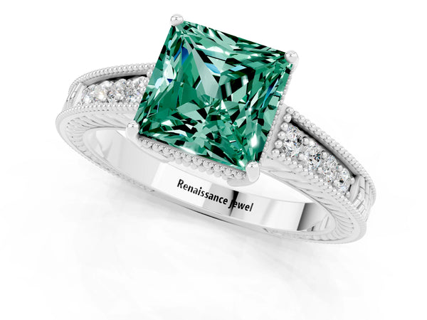 Platinum Princess Cut Green Sapphire Ring with Milgrain Pavé Band and Four-Prong Setting