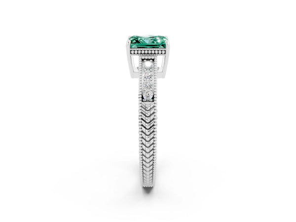 Silver Princess Cut Green Sapphire Ring with Milgrain Pavé Band and Four-Prong Setting