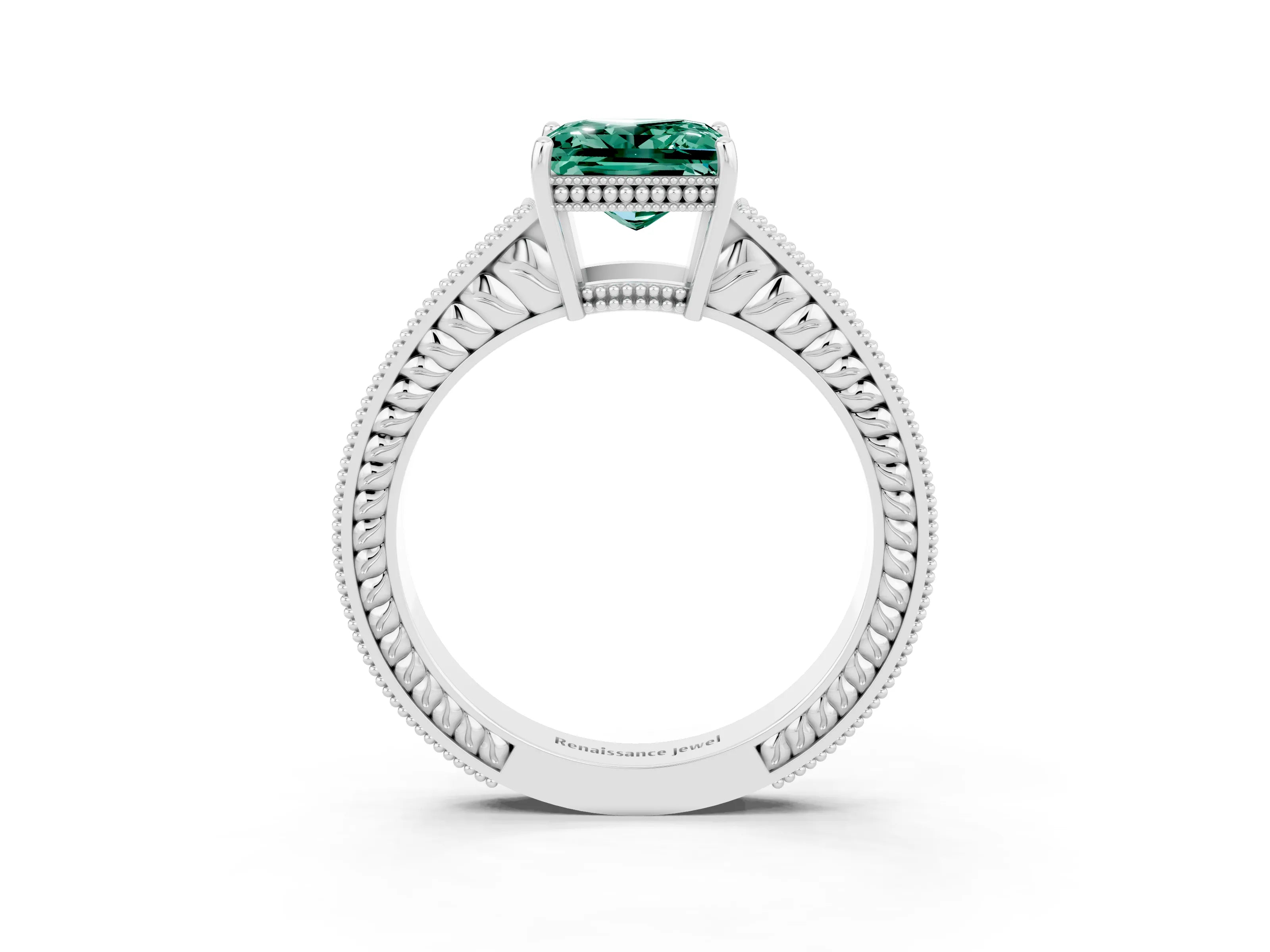 White gold Princess Cut Green Sapphire Ring with Milgrain Pavé Band and Four-Prong Setting_15
