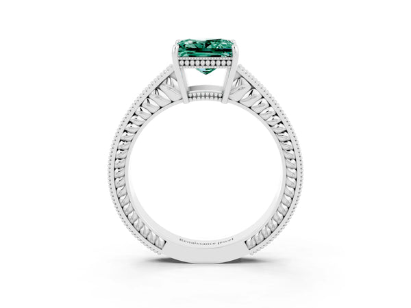 Silver Princess Cut Green Sapphire Ring with Milgrain Pavé Band and Four-Prong Setting