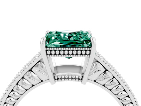 White gold Princess Cut Green Sapphire Ring with Milgrain Pavé Band and Four-Prong Setting_16