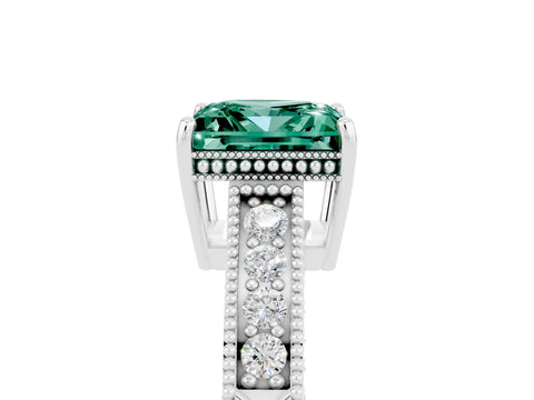 White gold Princess Cut Green Sapphire Ring with Milgrain Pavé Band and Four-Prong Setting_17
