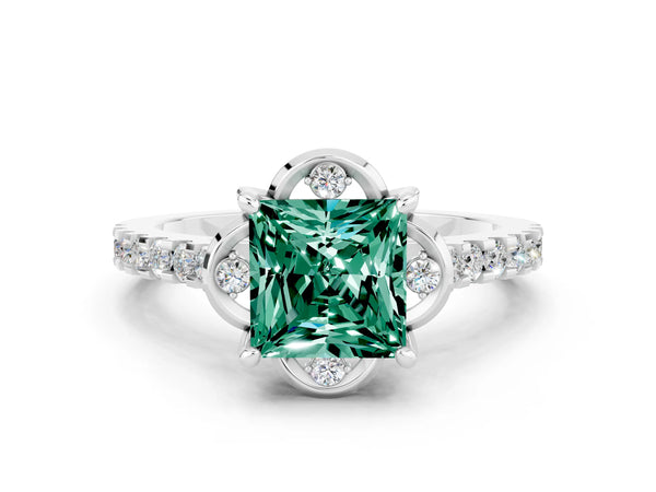 Platinum Princess Cut Green Sapphire Ring with Pavé Band and Floral Prong Setting