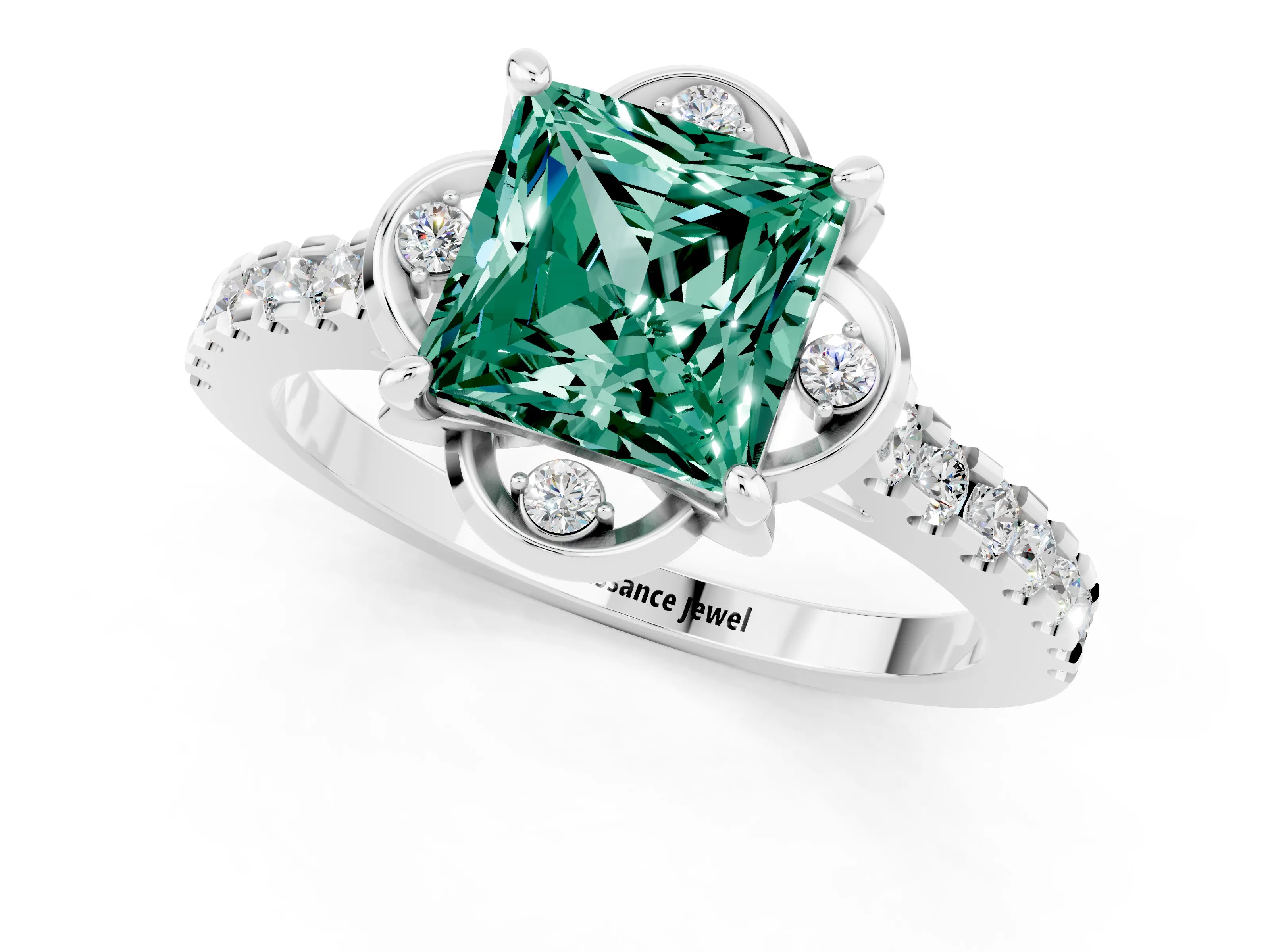 White gold Princess Cut Green Sapphire Ring with Pavé Band and Floral Prong Setting_1