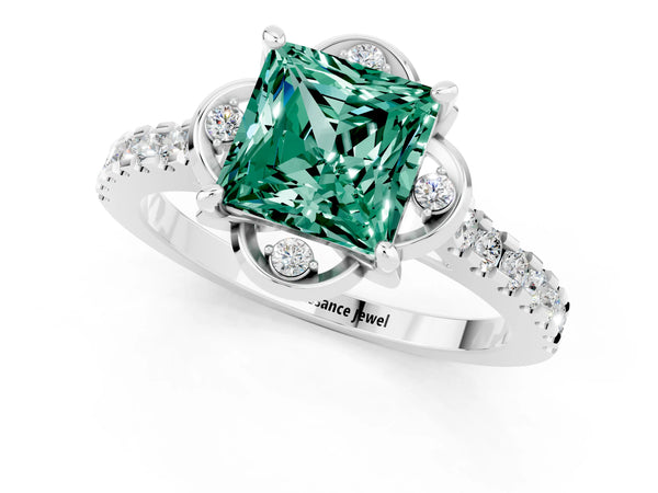 Platinum Princess Cut Green Sapphire Ring with Pavé Band and Floral Prong Setting
