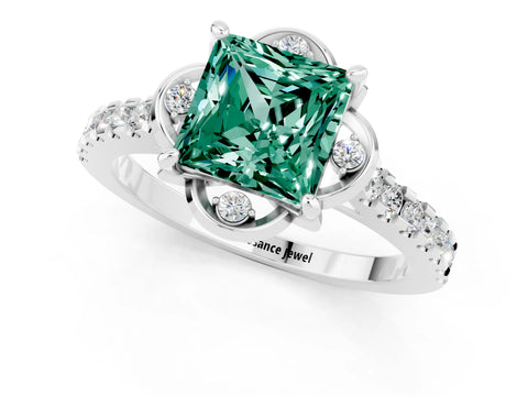 White gold Princess Cut Green Sapphire Ring with Pavé Band and Floral Prong Setting_1