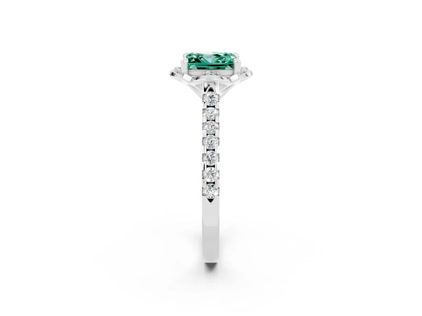 Silver Princess Cut Green Sapphire Ring with Pavé Band and Floral Prong Setting