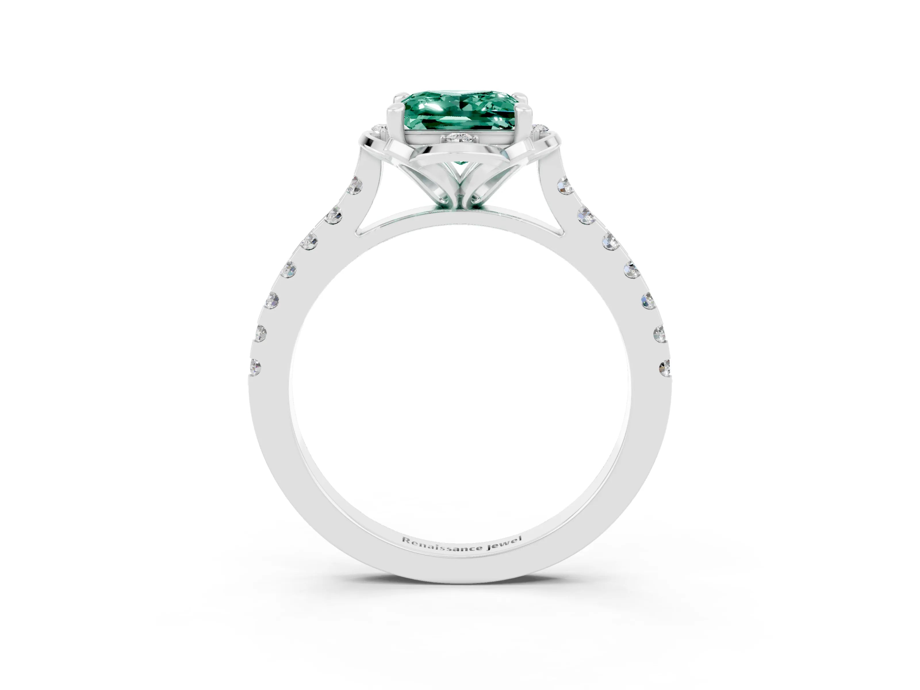 White gold Princess Cut Green Sapphire Ring with Pavé Band and Floral Prong Setting_3