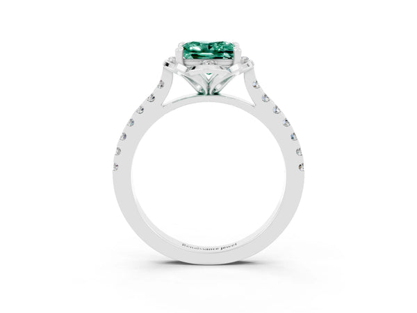 Platinum Princess Cut Green Sapphire Ring with Pavé Band and Floral Prong Setting