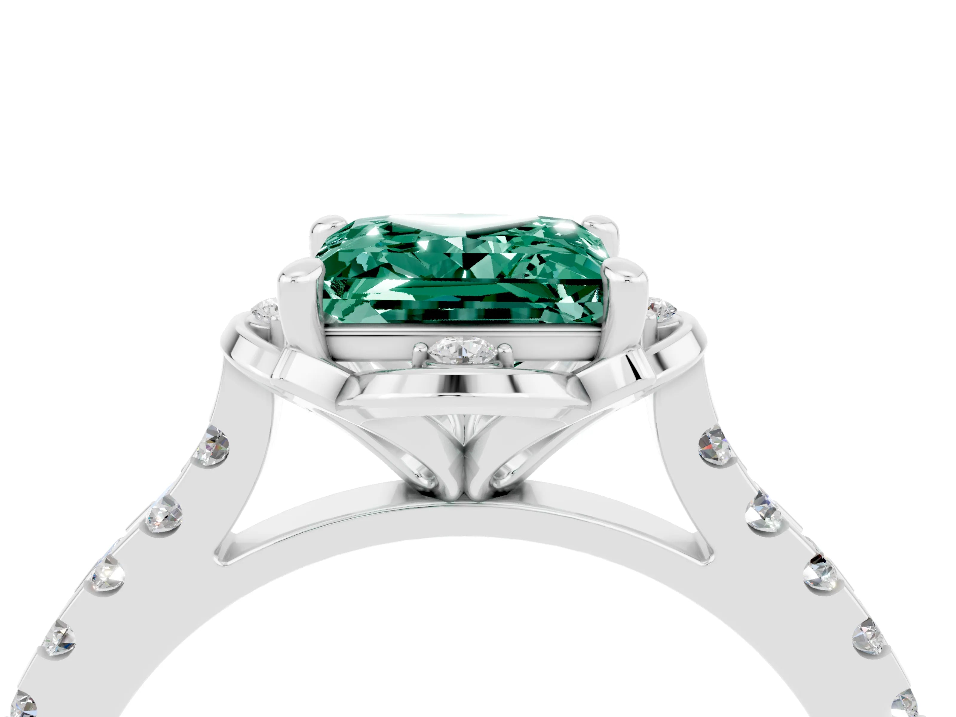 White gold Princess Cut Green Sapphire Ring with Pavé Band and Floral Prong Setting_4