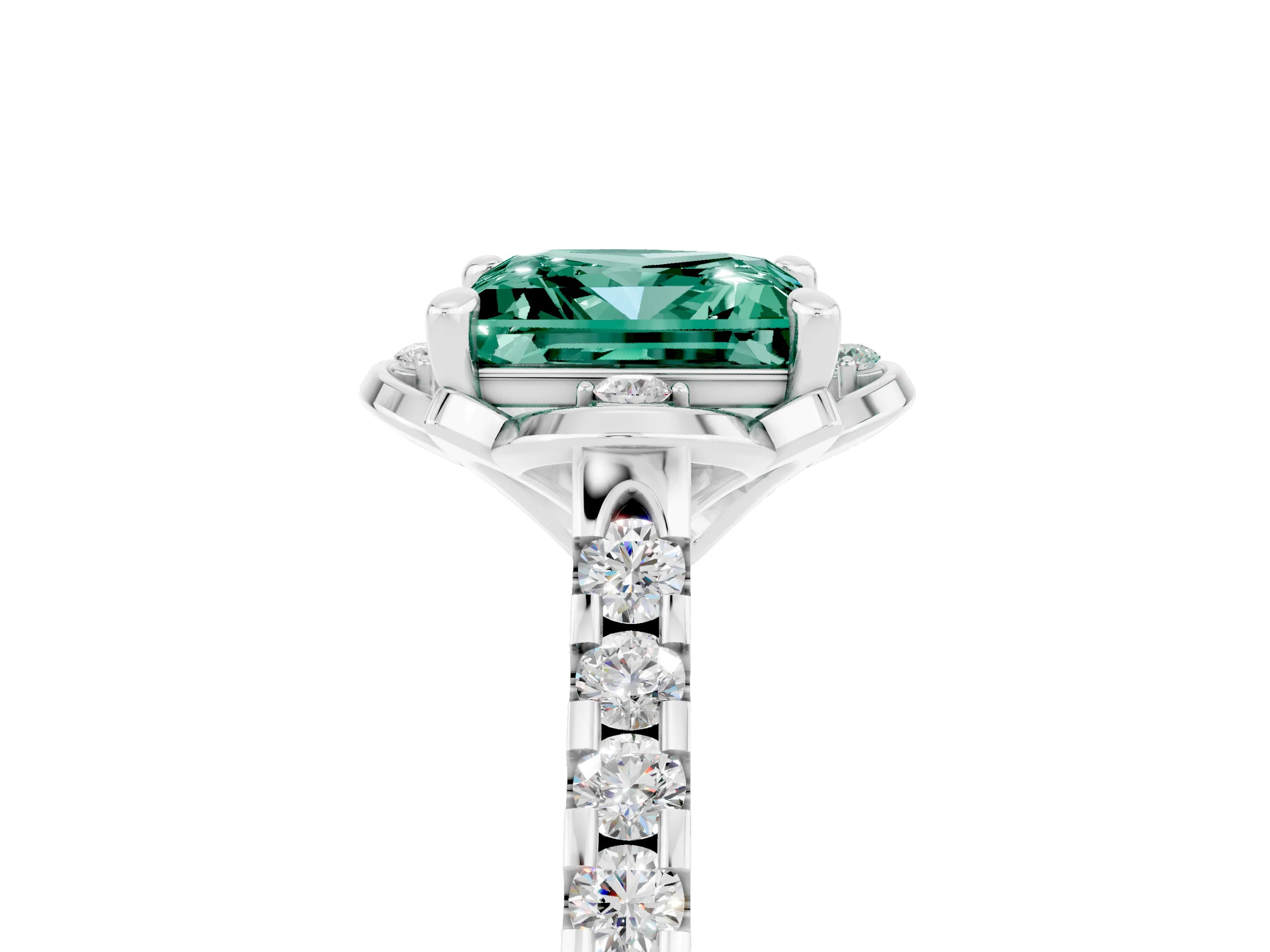 White gold Princess Cut Green Sapphire Ring with Pavé Band and Floral Prong Setting_5