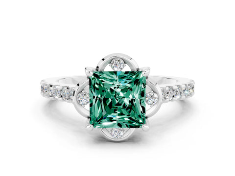 White gold Princess Cut Green Sapphire Ring with Pavé Band and Floral Prong Setting