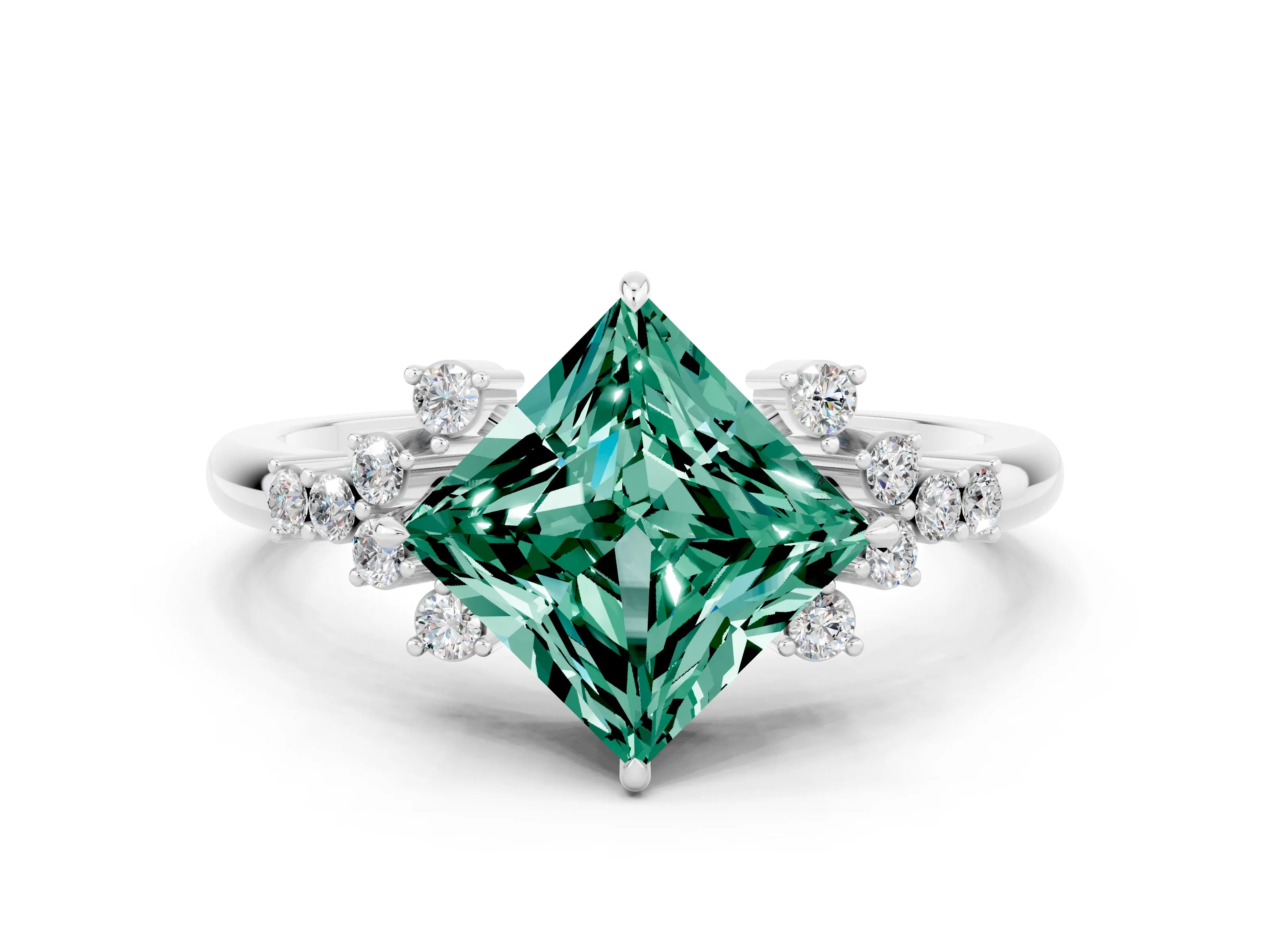 White gold Princess Cut Green Sapphire Ring with Side Stones and Four-Prong Setting_36